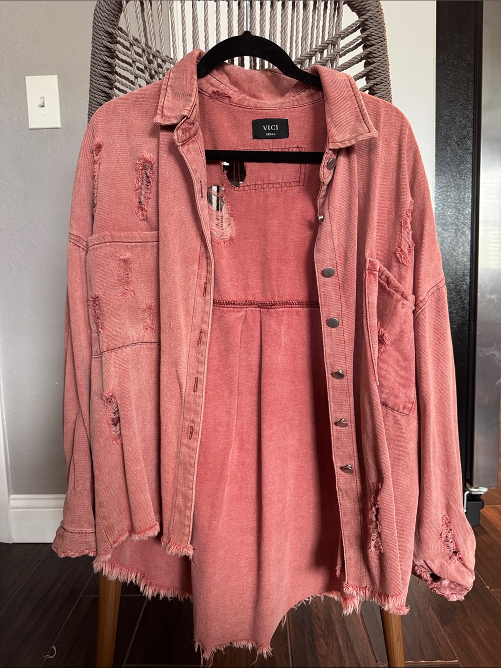 VICI Distressed Oversized Rose Pink Jean Jacket